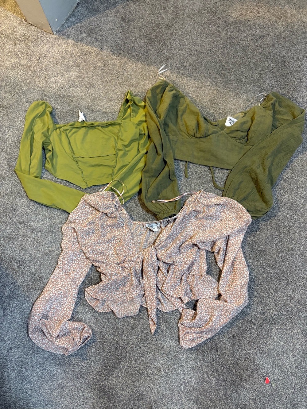 Princess Polly Mix: Olive Green Puff-Sleeve & Floral Tie-Front Tops